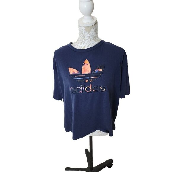 Adidas T-shirt Navy Floral Rose Pattered Trefoil Limited Edition Women's Large - Picture 1 of 7
